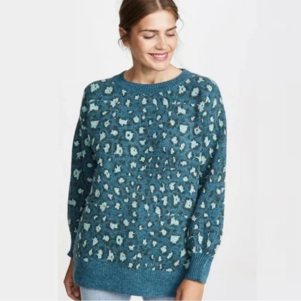 Farm Rio Blue Green Leopard Jacquard Knit Sweater Oversized Crewneck 🐆